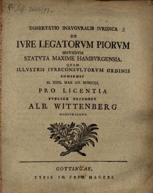 Dissertatio Inavgvralis Ivridica De Ivre Legatorvm Piorvm Secvndvm Statvta Maxime Hambvrgensia