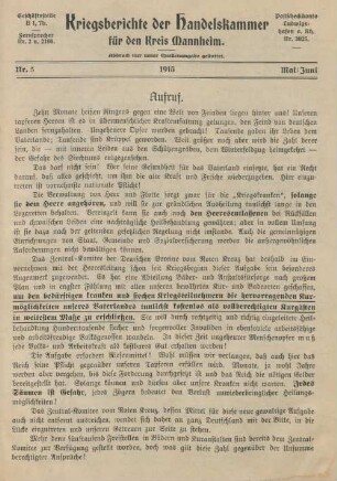 5.1915: Kriegsberichte der Handelskammer für den Kreis Mannheim