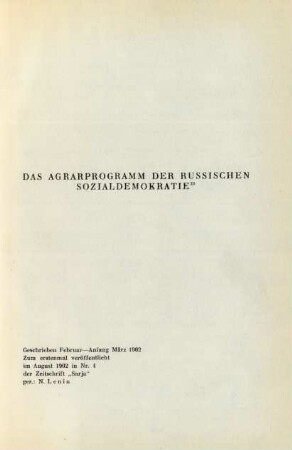 Das Agrarprogramm Der Russischen Sozialdemokratie