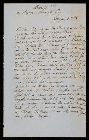 Nr. 3: Brief von Paul de Lagarde an Tomás G. Masaryk, in einer Abschrift von Anna de Lagarde, Göttingen, 6.11.1886