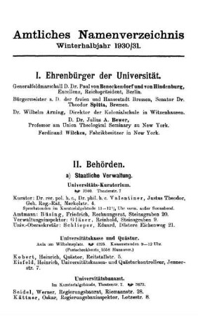 Amtliches Namenverzeichnis Winterhalbjahr 1930/31.