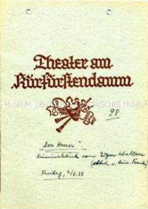 Programm des Theaters am Kurfürstendamm zum Kriminalstück "Der Hexer" von Edgar Wallace