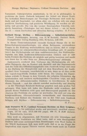 491-493 [Rezension] Seynaeve, Jaak, Cardinal Newman's Doctrine on Holy Scripture