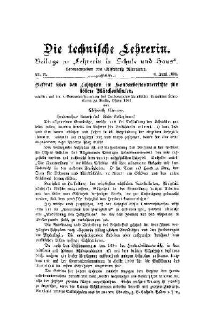Referat über den Lehrplan im Handarbeitsunterrichte für höhere Mädchenschulen : gehalten auf der 5. Generalversammlung des Landesvereins Preußischer Technischer Lehrerinnen zu Berlin, Ostern 1904