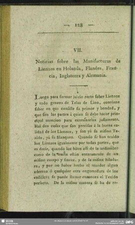 VII. Noticias sobre las Manifacturas de Lienzos en Holanda, Flandes, Francia, Inglaterra y Alemania