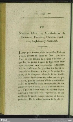 VII. Noticias sobre las Manifacturas de Lienzos en Holanda, Flandes, Francia, Inglaterra y Alemania
