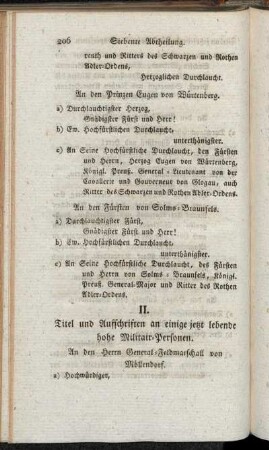 II. Titel und Aufschriften an einige jetzt lebende hohe Militair-Personen.