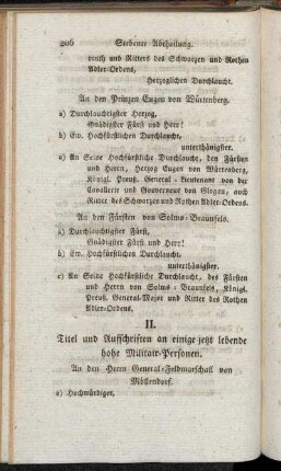 II. Titel und Aufschriften an einige jetzt lebende hohe Militair-Personen.