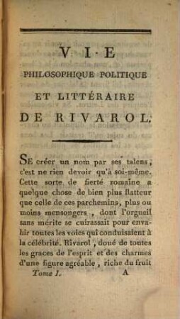 Vie philosophique, politique et littéraire de Rivarol, 1