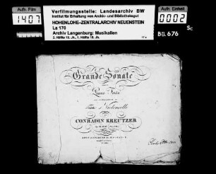Conradin Kreutzer (1780-1849): Grande Sonate / pour le / Piano-Forte / avec accompagnement de / Flûte et Violoncelle / composée / par / Conradin Kreutzer / Op. 23 No II Bonn et Cologne chez N. Simrock Besitzvermerk: Charles P.v.H. 1823