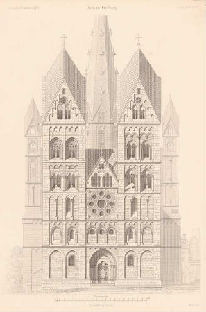 Limburger Dom: Vorderansicht (aus: Atlas zur Zeitschrift für Bauwesen, hrsg. v. G. Erbkam, Jg. 24, 1874)