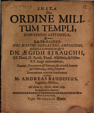 De Ordine Militum Templi, Disputatio Historica