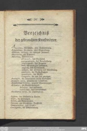 Verzeichniß der gebrauchten Kunstwörter.