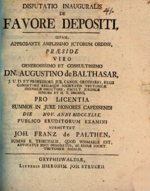 Disp. inaug. de favore depositi