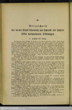 E. Verzeichniß der in der Stadt Chemnitz am Schlusse des Jahres 1884 vorhandenen Stiftungen