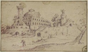 Landschaft mit phantastischer Architektur und Ruine