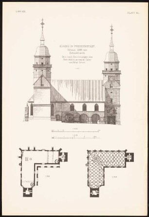 Kirche, Freudenstadt: Ansicht, Grundrisse (aus: Baukunst d. Renaissance in Deutschland, hrsg. v. Zeichenaussch. d. Stud. d. TH Berlin, 1875)