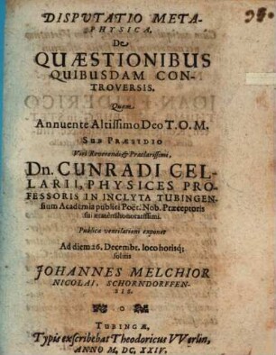 Disp. metaphys. de quaestionibus quibusdam controversis