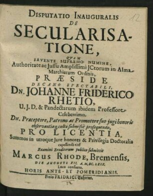 Disputatio Inauguralis De Secularisatione