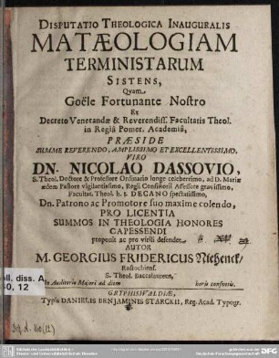 Disputatio Theologica Inauguralis Mataeologiam Terministarum Sistens