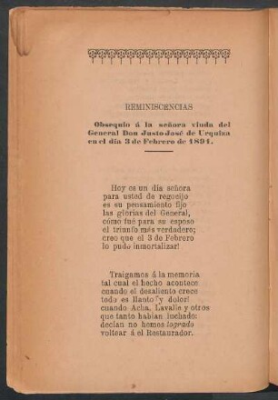 Reminiscencias : Obsequio á la señora viuda del General Don Justo José de Urquiza en el día 3 de febrero de 1891