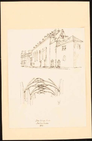 Dreikönigskirche, Sachsenhausen: Perspektivische Außenansicht von der Straße und Ansicht des Gewölbes