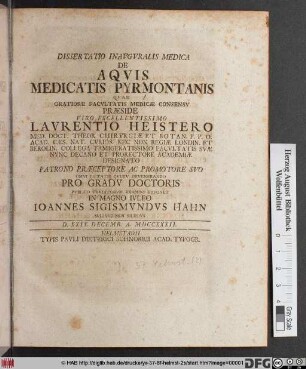 Dissertatio Inauguralis Medica De Aquis Medicatis Pyrmontanis