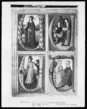 Evangelia de tempore — Vier Heiligenszenen in Initialen, Folio 232verso