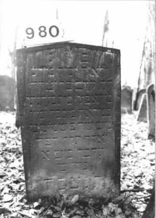 Grabstein 980 (Index: 99899527) Material: Sandstein Zustand: etwas angewittert Maße HxBxT: 81x48x7 cm Beschreibung: Stele mit flachem Dreiecksabschluss, von der Spitze hängende Blüte Symbolik: Blüte: Grabstein 980 (Nachholaufnahme)