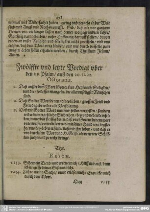 Zwölffte und letzte Predigt uber den 119. Psalm, auß den 20. 21. 22. Octonariis