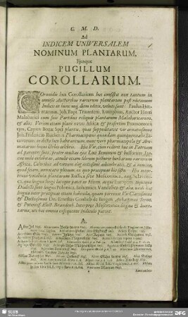 C. M. D. Ad Indicem Universalem Nominum Plantarum Ejusque Pugillum Corolllarium