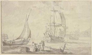 Nah am Strand ein großes Schiff, links am Strand ein absegelndes Boot