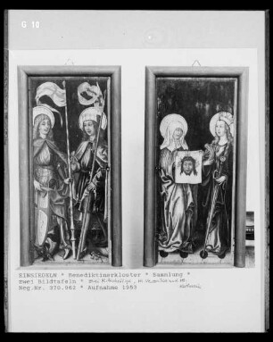 Zwei Bildtafeln mit dem heiligen Georg und einem Heiligen sowie den Heiligen Veronika und Katharina