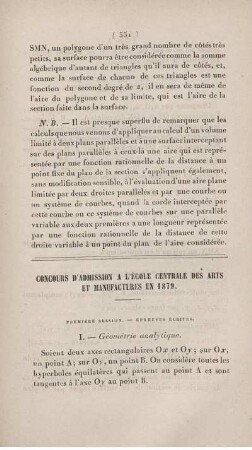 Concours d'admission a l'École Centrale des arts et manufactures en 1879.