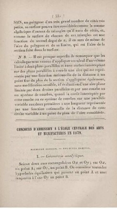 Concours d'admission a l'École Centrale des arts et manufactures en 1879.