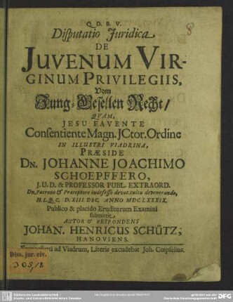 Disputatio juridica De Juvenum Virginum Privilegiis