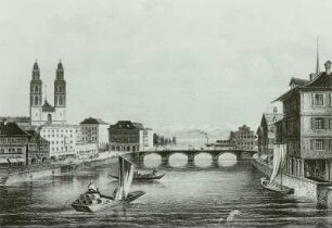 Zürich (CH), Frachtkähne auf der Limmat, Stich v. Rohbock
