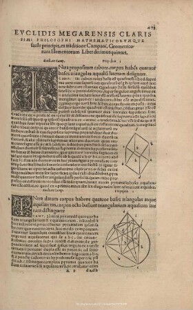 Euclidis Megarensis Clarissimi Philosophi Mathematicorumque facile principis, ex traditione Campani,Geometricorum Elementorum Liber decimusquintus.