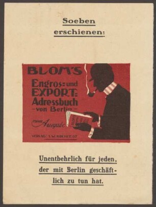 Werbepostkarte "Blom’s Engros- und Export-Adressbuch von Berlin 1907/8", Gebrüder Paetel Verlag, Kochstraße 67