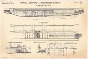 Behelfsmäßiges Stauwehr Monatskonkurrenz Februar 1918: Grundriss (auf drei Ebenen), Aufriss Seitenansicht und Längsschnitt, Querschnitte 1:100