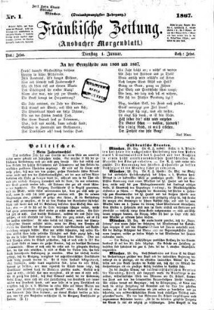 Fränkische Zeitung : Fränkische Tageszeitung ; amtliches Organ der NSDAP ; Amtsblatt aller Behörden. 1867,1/6 = Jg. 23