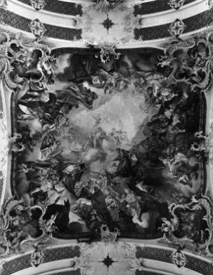 Verherrlichung des Benediktinerordens, Jüngstes Gericht und Sankt Benedikts Glorie im Himmel, die Gründer der Abtei Amorbach und Zeitgenossen : Verherrlichung des Benediktinerordens, Jüngstes Gericht und Sankt Benedikts Glorie im Himmel, die Gründer der Abtei Amorbach und Zeitgenossen. Fresko (1745/1747; M. Günther). Amorbach (Kreis Miltenberg), Ehemalige Abteikirche Sankt Maria (Pfarrkirche)
