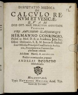 Disputatio Medica De Calculo Renum Et Vesicae