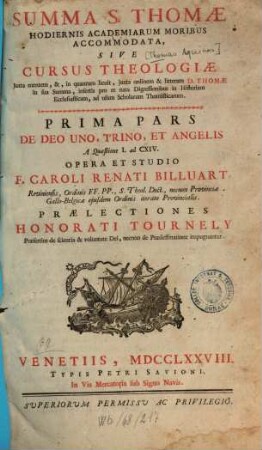 Summa S. Thomae hodiernis academiarum moribus accomodata, sive cursus theologiae, 1