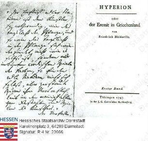Hölderlin, Friedrich (1770-1843) / Widmung an Susette Gontard (1769-1802) im 1. Band des 'Hyperion oder der Eremit in Griechenland'