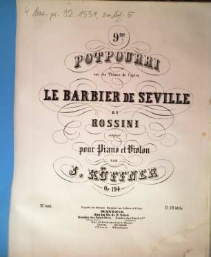 9me potpourri sur des thêmes de l'opéra Le barbier de Seville de Rossini : op. 194