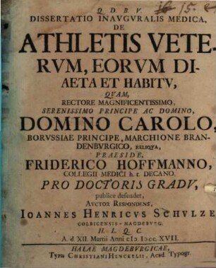 Dissertatio Inavgvralis Medica, De Athletis Vetervm, Eorvm Diaeta Et Habitv