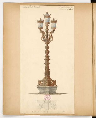 Straßenkandelaber Monatskonkurrenz Dezember 1879: Grundriss (halb), Aufriss; Maßstabsleiste