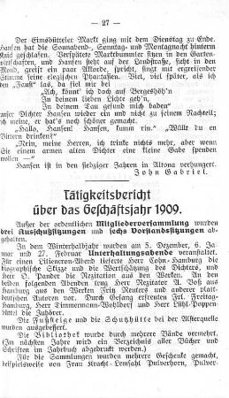 Tätigkeitsbericht über das Geschäftsjahr 1909.
