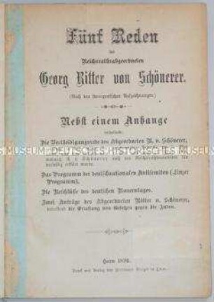Fünf Reden des österreichischen Politikers Georg Ritter von Schönerer